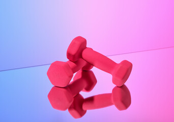 Sporty pink dumbbells for exercise. Losing weight, body shaping.