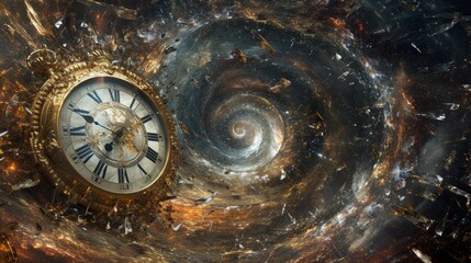 A clock surrounded by a galaxy of shattered glass - obrazy, fototapety, plakaty