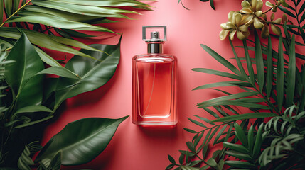 Blank luxury perfume bottle with tropical leaves on the red background with copy space, template mockup for cosmetic packaging, product advertising concept.