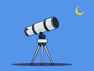 Telescope and moon illustration isolated. Flat illustration cartoon style. Vector optical device to explore, discover galaxy, cosmos, and space. Telescope on a tripod stand, educational tool.