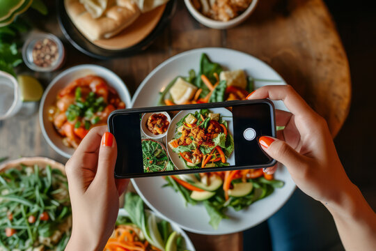 Overhead top view of a person taking a photo of their food with a phone for social media