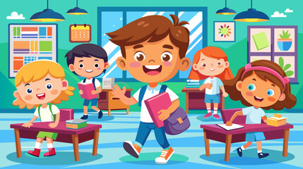 Colorful vector illustration of happy children in a classroom setting
