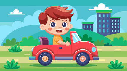 Naklejka premium Happy cartoon boy driving a red car in a city park vector illustration