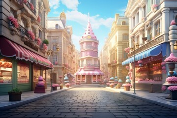 European city street pink color with pastry and sweets and candy - obrazy, fototapety, plakaty