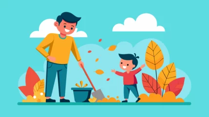 Türaufkleber Vector illustration of family autumn yard cleaning activity © Mustafa