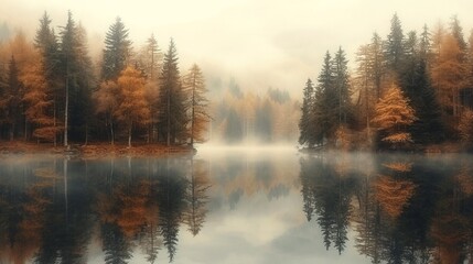 A serene misty forest and lake in gentle sepia tones, creating a tranquil haven exuding solitude. 