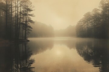 Fototapeta premium A serene misty forest and lake in gentle sepia tones, creating a tranquil haven exuding solitude. 