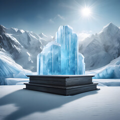 Ice background podium cold winter snow product platform floor frozen mountain iceberg. Podium glacier cool ice background stage landscape display icy stand 3d water nature pedestal arctic concept cave