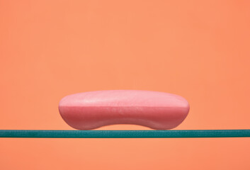 Pink natural soap for personal hygiene. Copy space for text.
