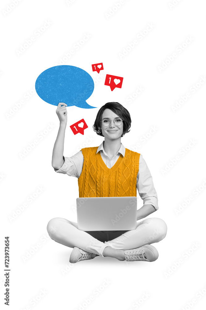 Aufkleber vertical collage image of black white effect girl use netbook arm hold empty space dialogue bubble r