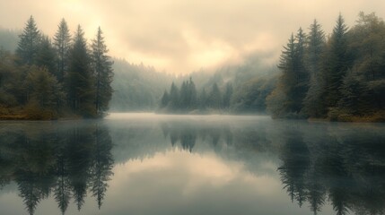 Fototapeta premium Foggy lake in morning misty forest. Desaturated colours. AI