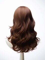 Obraz premium Brunette wig on a mannequin on white background. Brown long wavy hair on dummy head, back view.