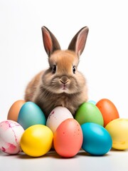 Fototapeta na wymiar Cute easter bunny and colored eggs on white background.