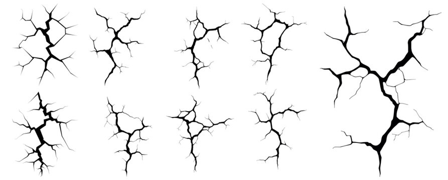 Black branching crack patterns isolated on a white background. Crack Patterns on White Surface. Vector