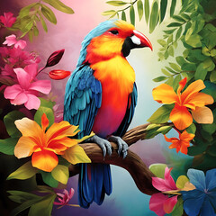 A colorful bird sits on a branch in the forest ai generated