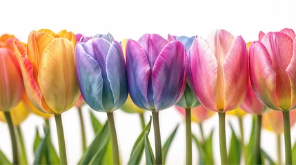 Fotobehang Flores arcoiris de tulipan sobre fondo blanco © Fabian