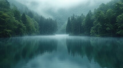 Foggy lake in morning misty forest. Desaturated colours. AI
