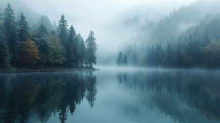 Foggy lake in morning misty forest. Desaturated colours. AI - obrazy, fototapety, plakaty