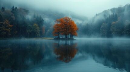 A serene lake embraced by a morning mist, cradled within a lush forest. AI generated image - obrazy, fototapety, plakaty