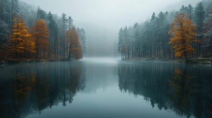 Fototapeta premium A serene lake embraced by a morning mist, cradled within a lush forest. AI generated image