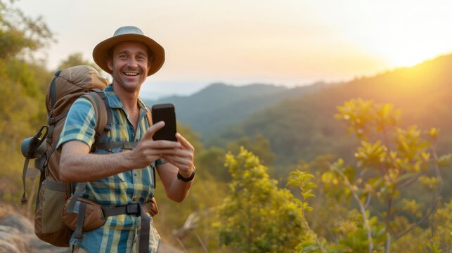 Handsome Male Hiker Taking Selfie With Cell Phone and Backpack Generative AI