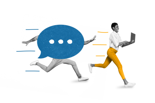 Composite template minimal absurd collage headless person running catch opponent conversation online chat laptop girl isolated on white background