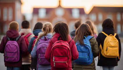 a group of kid's returning to school with new backpacks - obrazy, fototapety, plakaty