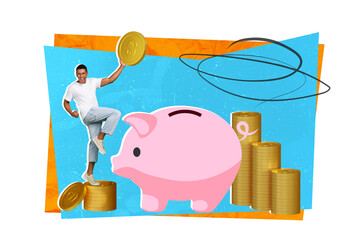 Collage photo minimal design of young overjoyed successful winner lottery guy hold golden coin piggy bank much savings isolated on blue background