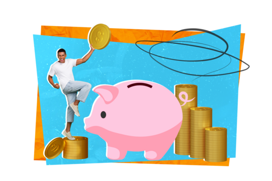 Collage photo minimal design of young overjoyed successful winner lottery guy hold golden coin piggy bank much savings isolated on blue background