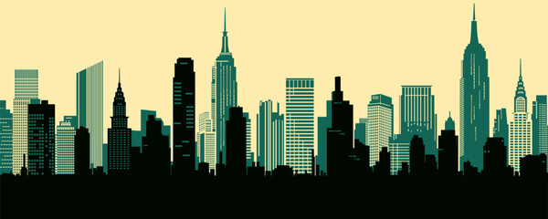 Cityscape with tall skyscrapers and office buildings. Panoramic landscape of the metropolis. Silhouettes of a modern city. Business district of the city. Vector illustration for design in flat style.