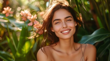 Portrait of a beautiful smiling woman with long brown hair wearing a beige swimsuit in a tropical setting with green leaves and pink flowers in the background