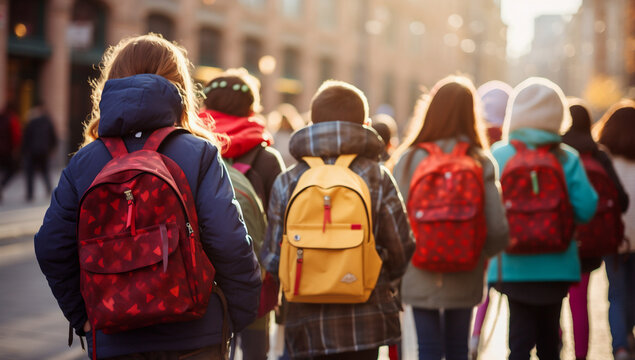 a group of kid's returning to school with new backpacks