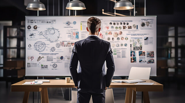 Young business ceo leadership man looking on planning board carefully Businessman in meeting in office, Success Business startup concept Businessman working thinking with formula on work chart board