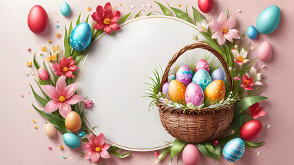 Fototapeta na wymiar Basket of Colorful Easter Eggs in Spring Grass