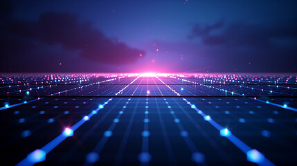 futuristic landscape with a network of glowing lines and dots, creating a sense of depth and dimensionality.