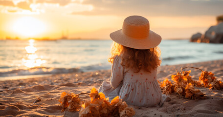 Back view Little girl in straw hat sitting on sand and watching sunset on the beach.	
