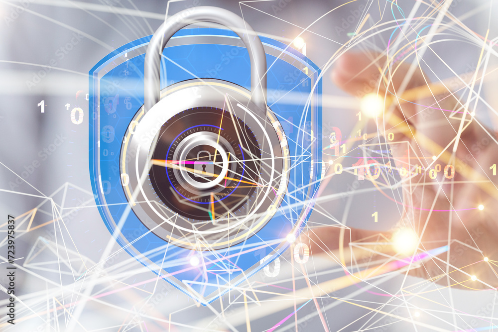 Poster secure lock - padlock holding in hand access concept 3d