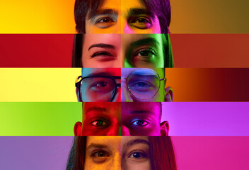 Creative collage. Close-up image of female eyes placed on narrow stripes over multicolored background in neon light. Concept of social equality, human rights, freedom, diversity, acceptance. Ad