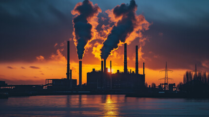 Obraz premium Industrial Landscape at Dusk: Smokestacks and Pollution Against Vibrant Sunset Sky