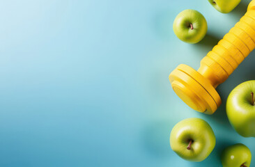 Composition with yellow dumbbells and green apples on a pastel blue background, top view. Workout...