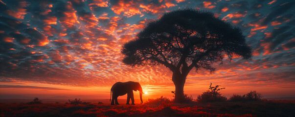 Silhouette of large acacia tree in the savanna plains with elephant. African sunset or sunrise. Wild nature, Kenya panoramic view. Black history month concept. World rhino day. Animal protection - obrazy, fototapety, plakaty