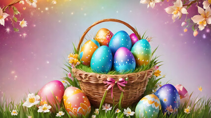Basket of Colorful Easter Eggs in Spring Grass