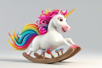 3D illustration of a happy unicorn on a rocking horse, with a very colorful mane.