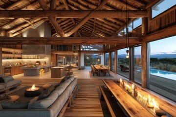 Modern wooden house interior with high ceiling and large windows