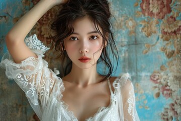 fine art renaissance portrait of asian girl in white dress; someone holds her hair
