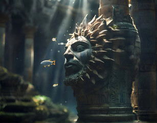 lost world Atlantida, piece of Atlatnic temple underwater with sun sculpture. Ai generated - obrazy, fototapety, plakaty