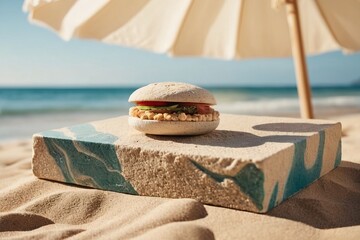 Fototapeta na wymiar Summer vibes beach themed product placement with a stone podium
