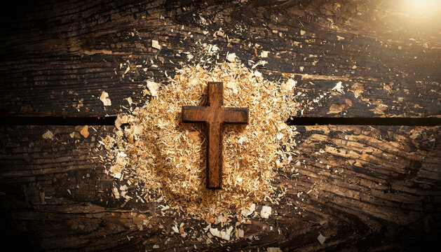 Closeup of a wooden religious cross and sawdust on a dark wooden background with copy space. Generative Ai.