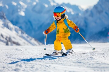 Fototapeta na wymiar Young Child In Vibrant Ski Suit And Helmet Skiing In The Mountains, Enjoying Winter Sport With Family