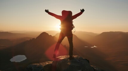Hiker Celebrating Success on Top of a Mountain Generative AI